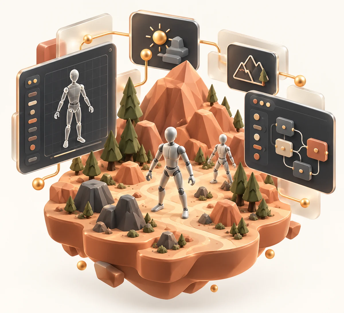 A miniature game world with characters, terrain and design tools