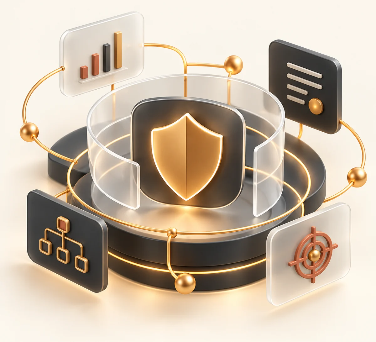 A golden shield protected by layered glass rings