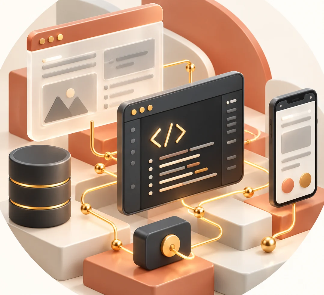 Web, mobile and API components connected around a code editor